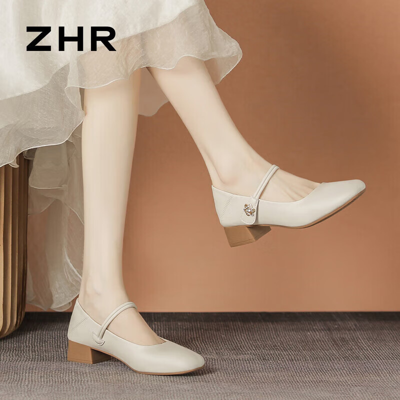 ZHR 玛丽珍鞋女优雅舒适粗跟单鞋女气质通勤浅口女鞋 AH506 米色 38 129元