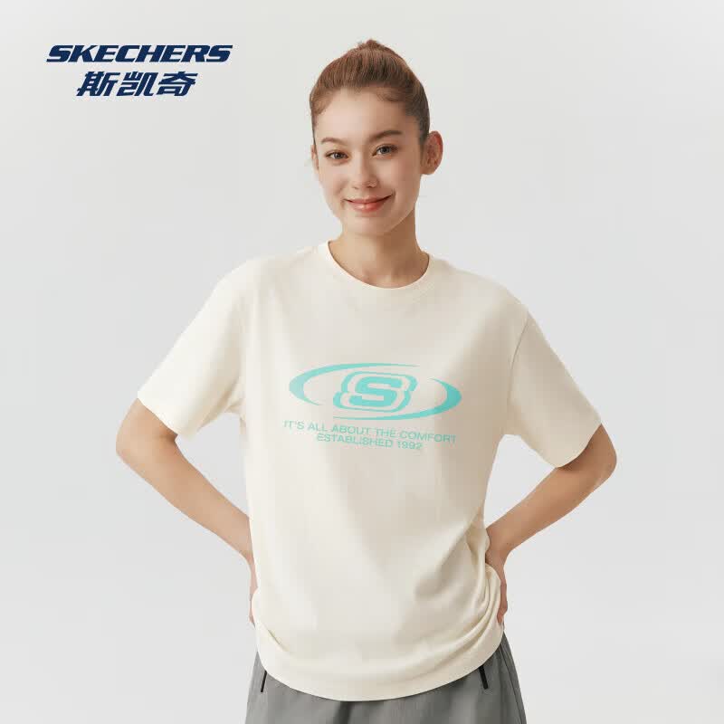 斯凯奇 短袖男女同款2026春季新款休闲T恤百搭运动印花LOGO 棉花糖白 L 45元