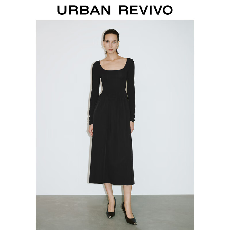 URBAN REVIVO UR2024秋季女装法式气质U领修身长袖连衣裙UWG740242 正黑 S 279元（需