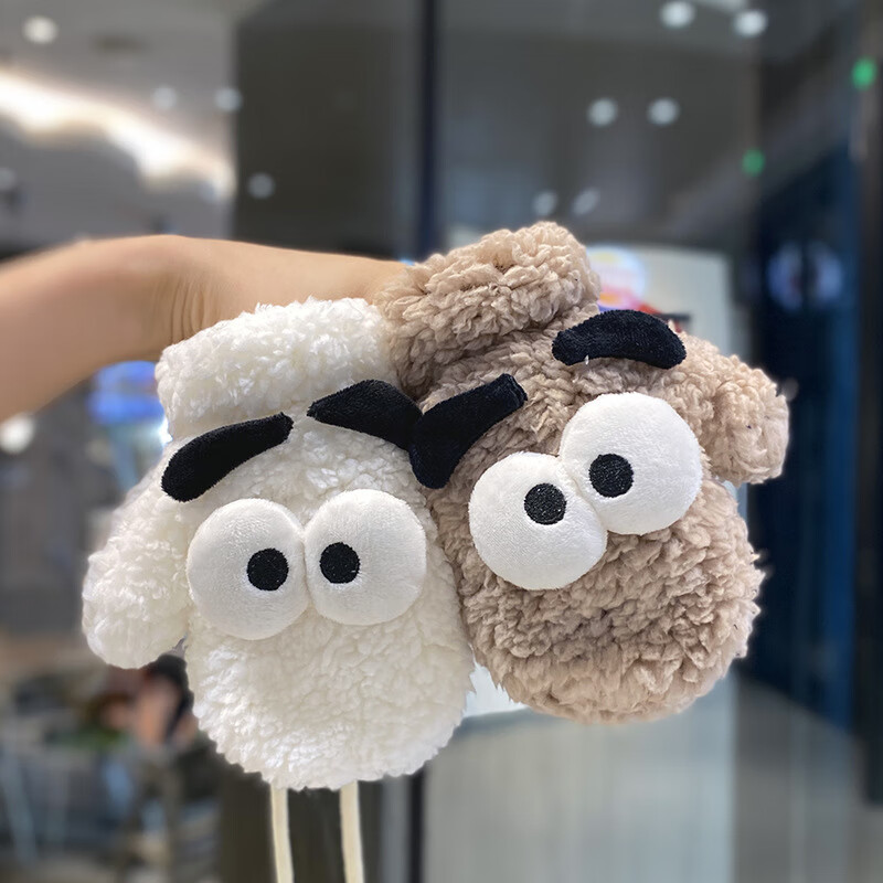 OLOIU 儿童手套冬季保暖全包手指挂脖加绒加厚防风防冻男童女童女 卡其色 