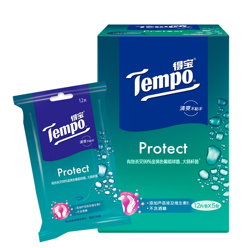 Tempo 得宝 一博同款 杀菌湿巾12片*5包 13.66元（需用券）