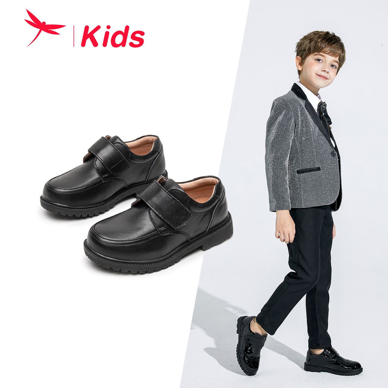 红蜻蜓 男童春季新款牛皮皮鞋英伦复古黑色演出单鞋校园学生表演鞋 113.05