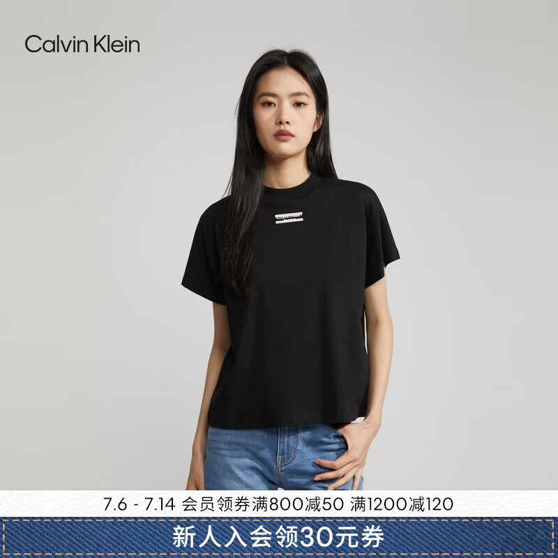 卡尔文·克莱恩 Calvin Klein Jeans夏季女士通勤休闲ck字母印花舒适纯棉圆领短