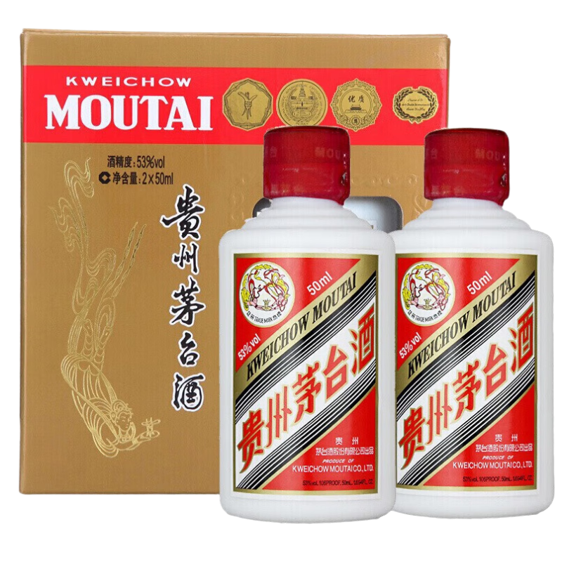 百亿补贴、PLUS会员:moutai/茅台 飞天茅台 53° 酱香型 50ml 2瓶 353.43元