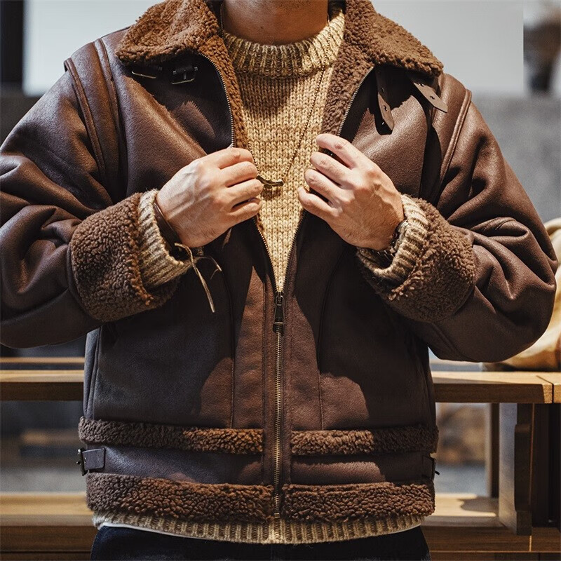 马登 美式复古B3轰炸机仿皮质感夹克一体加绒加厚机车服外套男冬 黑色 S 353.9元 - 清风线报