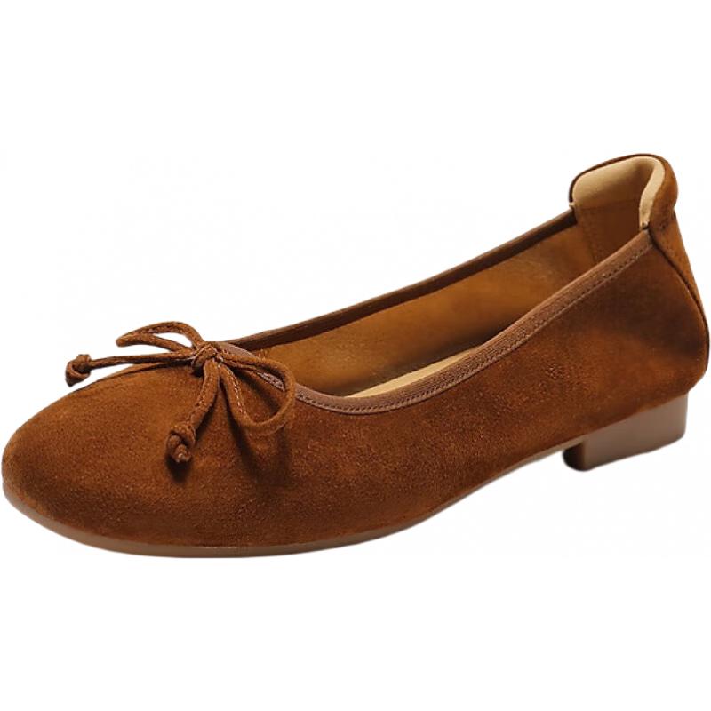 百丽 舒芙蕾绒面平跟单鞋女2025秋新商场款羊皮软底便鞋E1E1DCQ5 棕色 35 439元