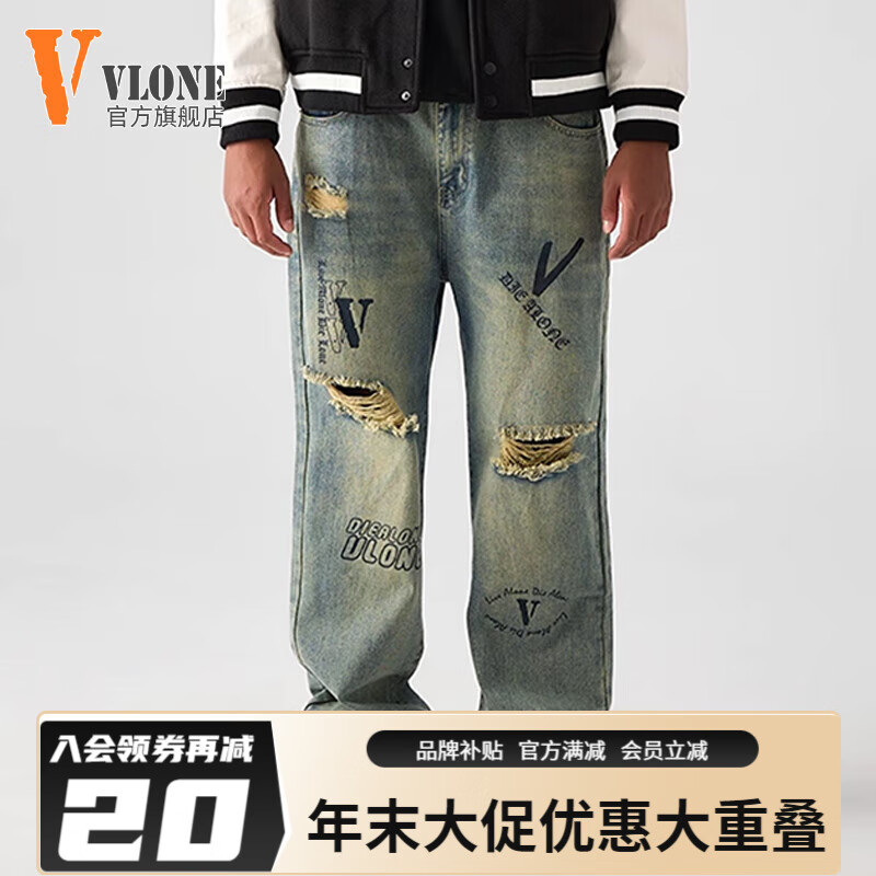 VLONE 秋冬季新款破洞直筒裤子男士黄泥裤潮流宽松长裤 149元包邮（需用券）