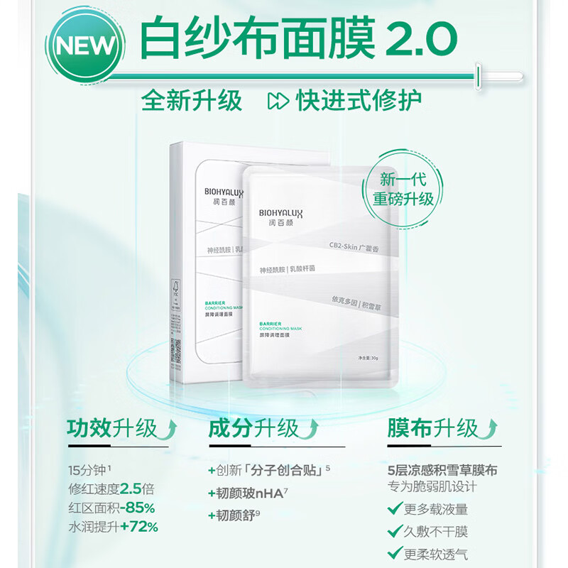 润百颜 玻尿酸屏障调理白纱布2.0面膜 30g/片 1片 35元