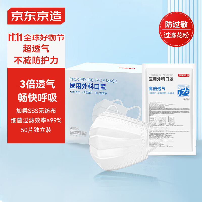 京东京造 超透气一次性医用外科口罩50片白高倍透气超低阻防尘飞沫 28.9元