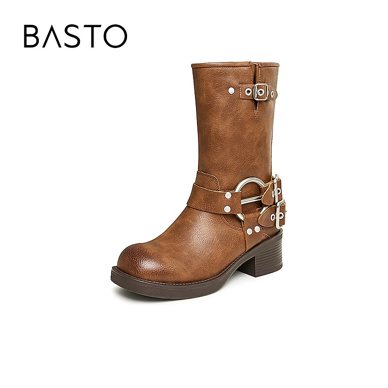 BASTO 百思图 棕色复古西部中筒骑士靴 ZD105DZ3 棕色 36 144元（需用券）