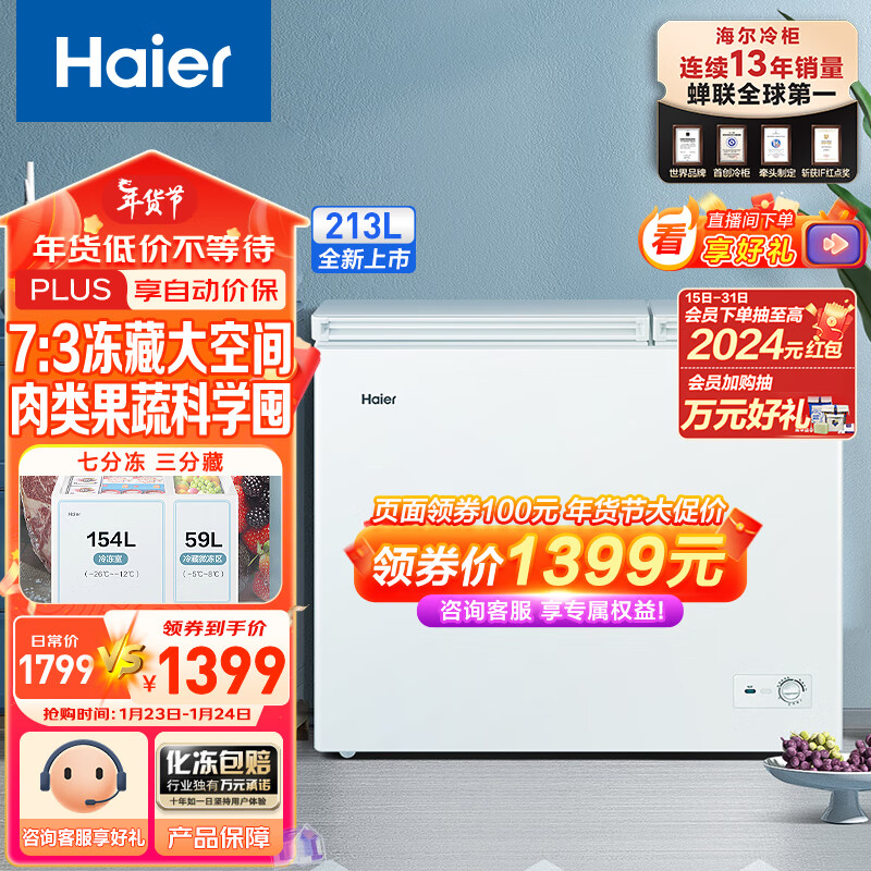 海尔 Haier 213升双箱双温商用家用冰柜 大冷冻小冷藏卧式冰柜家用小型冰箱