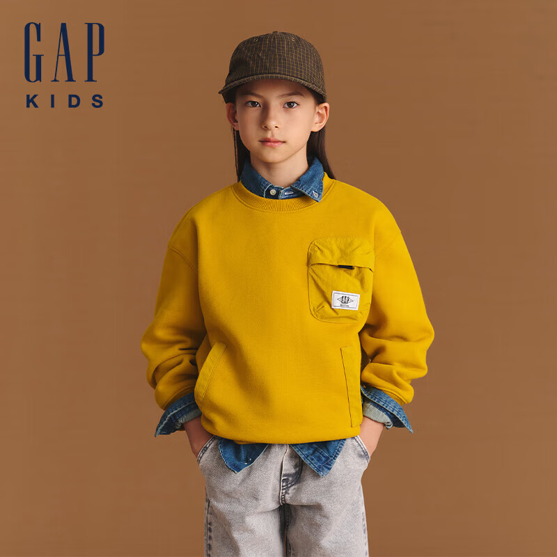 Gap 盖璞 男女童2024秋冬新款重磅抓绒拼接logo口袋卫衣儿童上衣593911 姜黄色 1