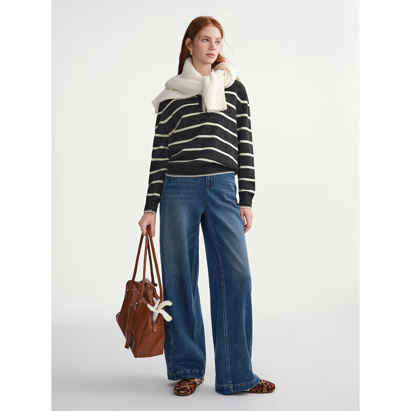 独束 大码女装弧形侧缝前移阔腿牛仔裤微胖显瘦直筒裤 219.5元