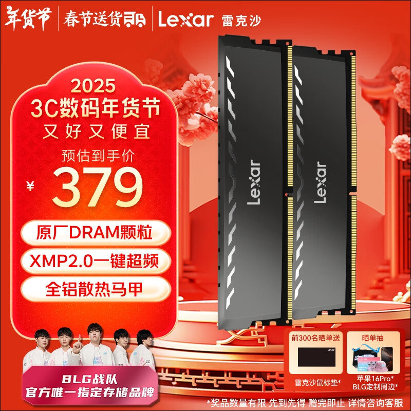 雷克沙 雷神铠 DDR4 3200MHz 台式机内存 马甲条 钛空灰 32GB(16GB×2)套条 ￥369