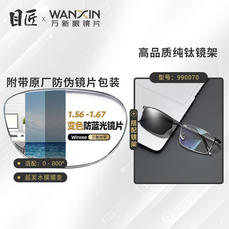 winsee 万新 1.60智能变色镜片（附带原厂包装）+多款镜架可选 88元包邮（需用券）