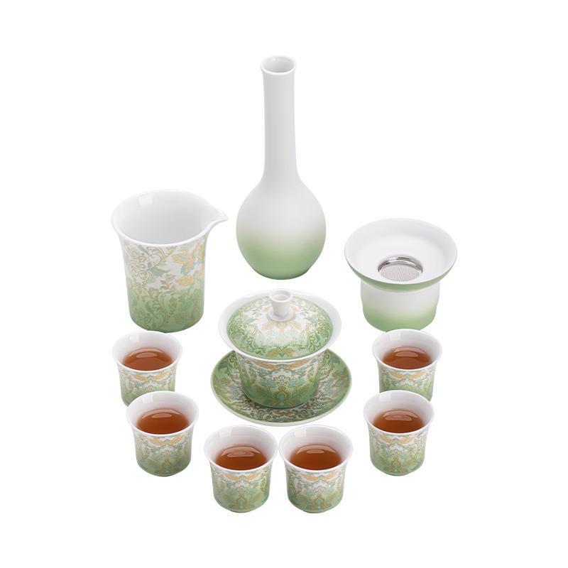 苏氏陶瓷 SUSHI CERAMICS）羊脂玉瓷悬停三才盖碗茶具套装简欧大马士纹茶杯送
