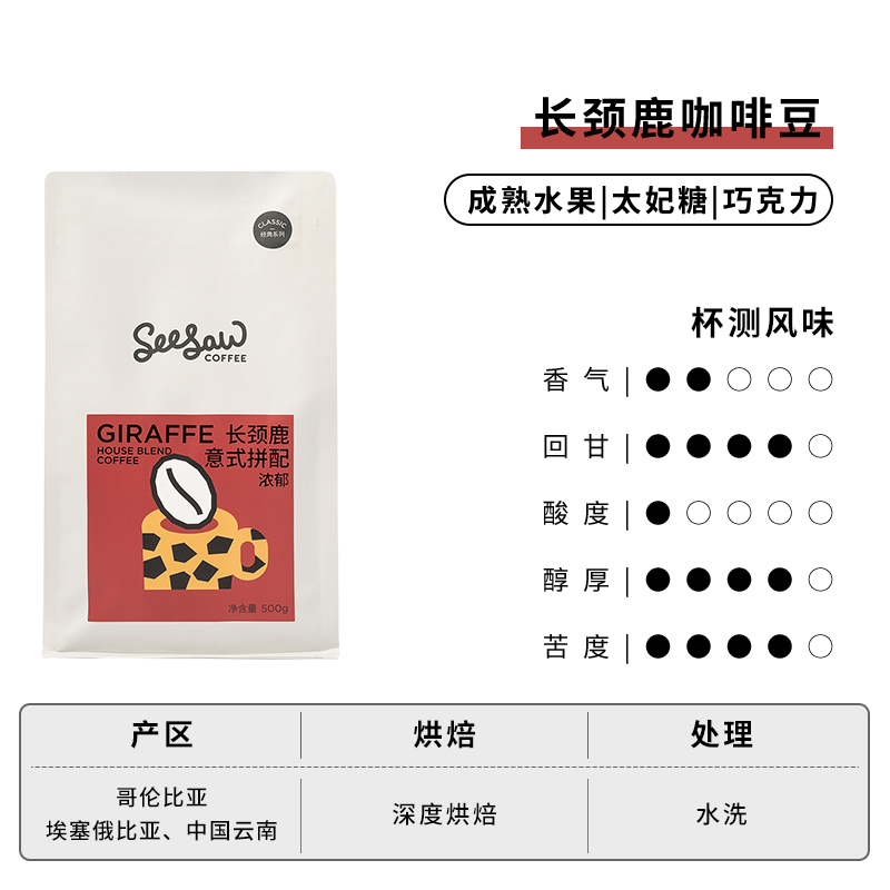 SeeSaw 意式拼配咖啡豆长颈鹿手冲美式黑咖啡现磨深烘焙咖啡粉200g 49.92元（