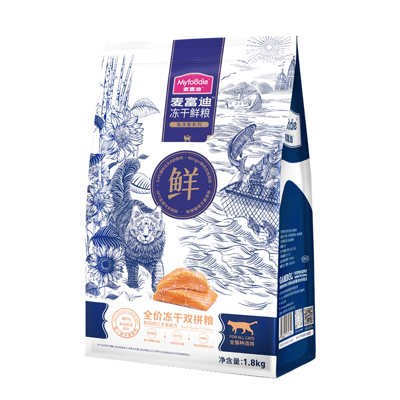 麦富迪 冻干鲜粮成幼猫粮 三文鱼鸡肉 1.8kg 美毛亮毛高蛋白 144.47元(合48.16元