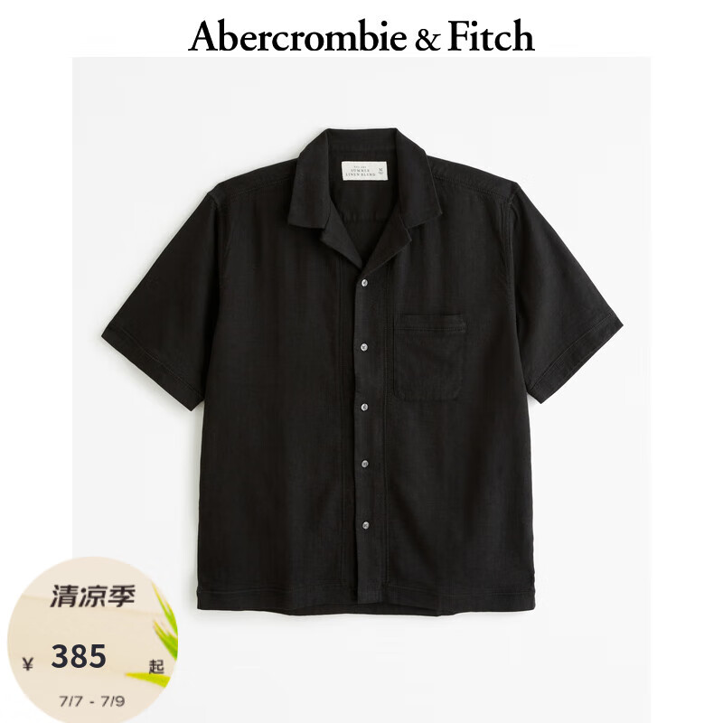 Abercrombie & Fitch 男装 24春夏新款古巴领时尚休闲亚麻混纺衬衫KI125-4076 黑色 XS