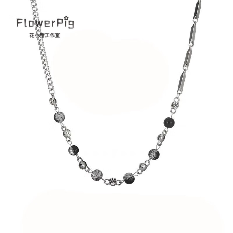 无 钛钢项链男潮设计感黑白冰裂珠子拼接金属链条小众链 黑色爆裂珠 19.9元