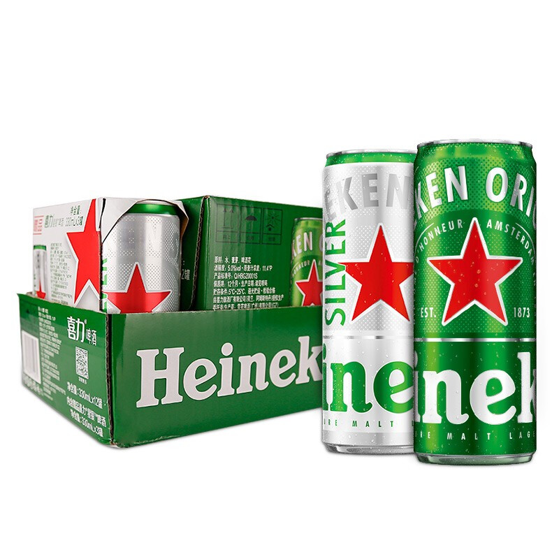 Heineken 喜力 啤酒330ml*15纤体听装 组合装（经典12听+星银3听）中秋送 57.12元