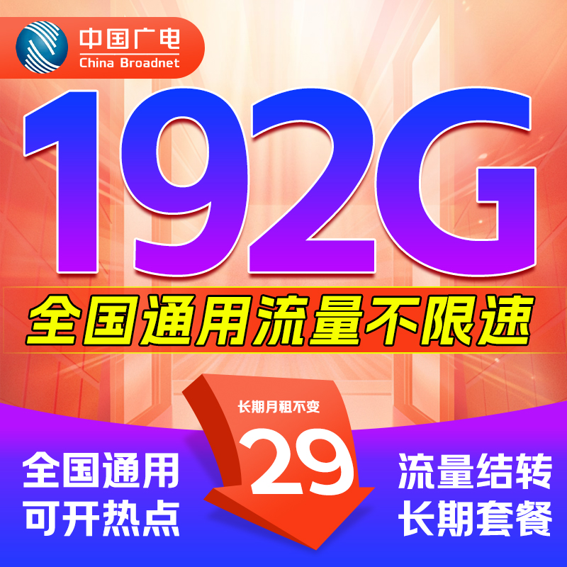 中国广电 可发全国 20年29元月租（192G流量+纯通用流量）不限速 0.1元
