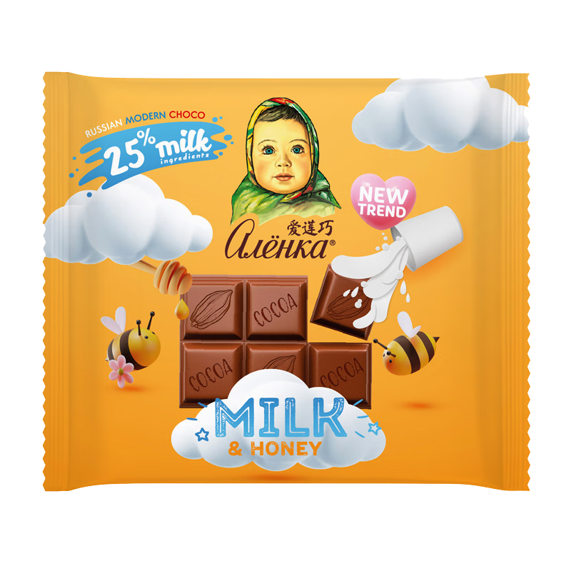 爱莲蜂蜜味牛奶巧克力制品70g俄罗斯进口 4.31元
