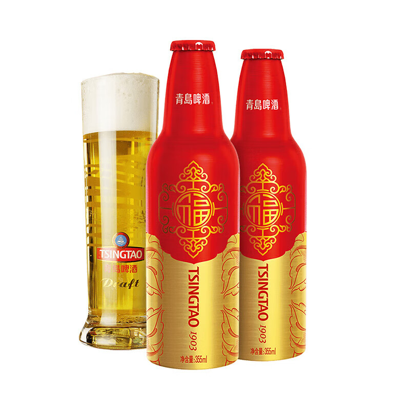 TSINGTAO 青岛啤酒 鸿运当头 年货送礼 355mL*12瓶 赠福禧500ml*8罐+礼袋*2（共到手