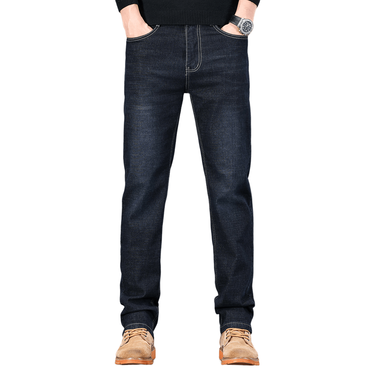 超V：雪中飞 水洗黑色牛仔裤男 春季宽松直筒大码 百搭商务休闲长裤 56元