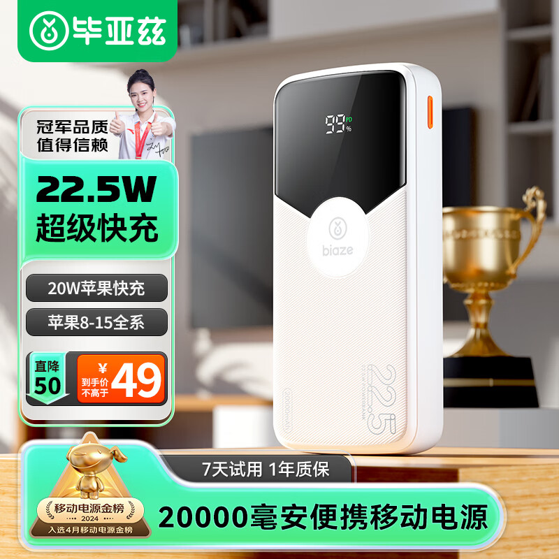 Biaze 毕亚兹 充电宝 20000mAh 22.5W ￥49