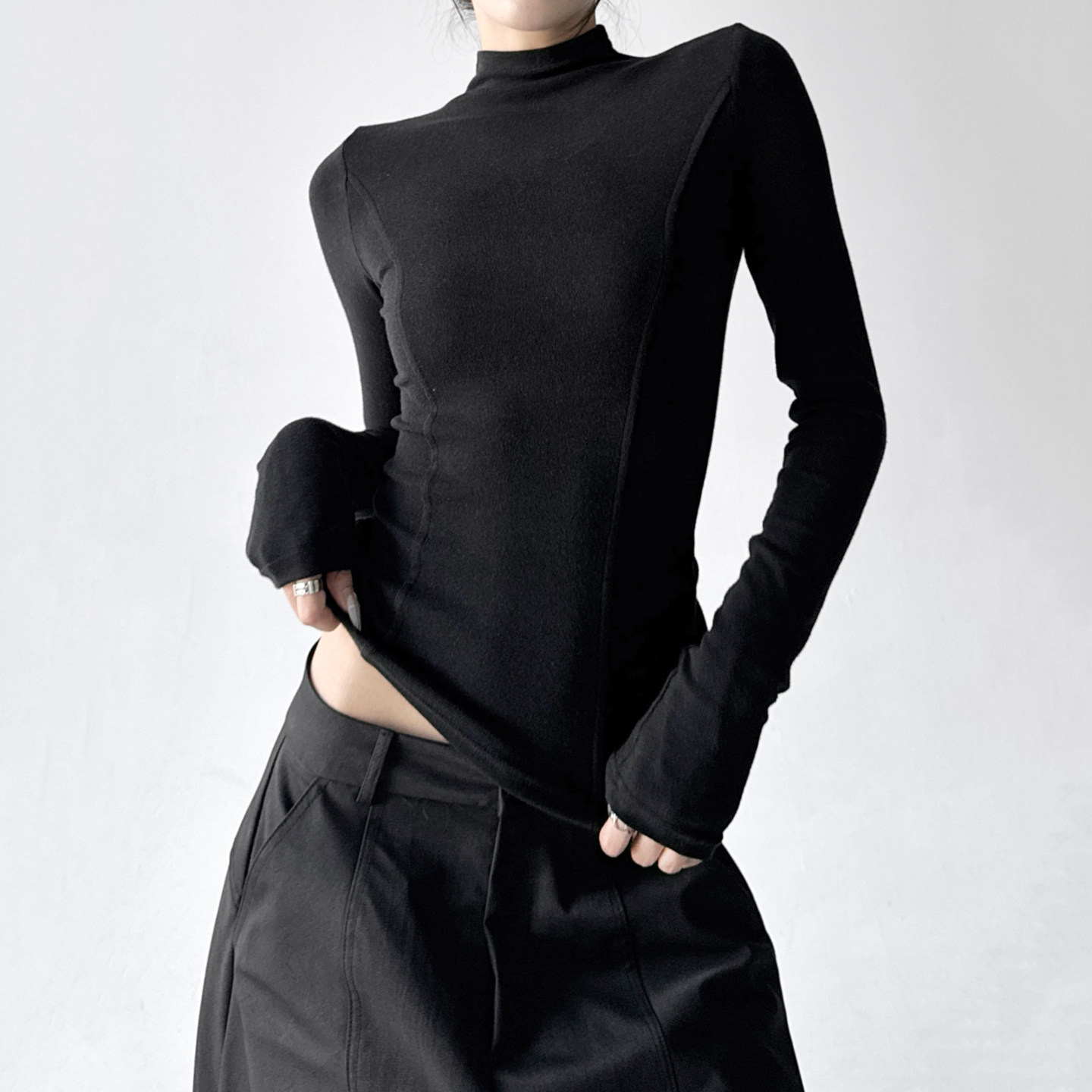 移动端：木昱子 巨好看藏青半高领长袖t恤女2025冬季打底衫内搭修身漂亮上