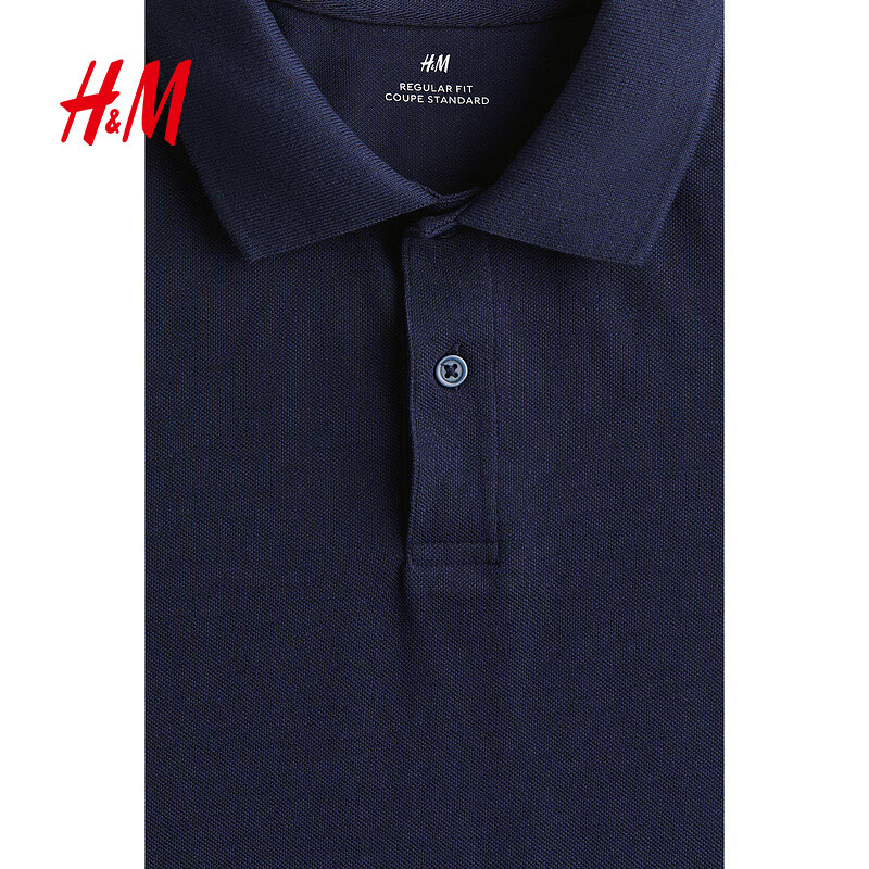 H&M 男装Polo衫珠地棉商务通勤休闲翻领纽扣半开襟短袖上衣1209183海军蓝 S 170 50.1元 - 线报酷