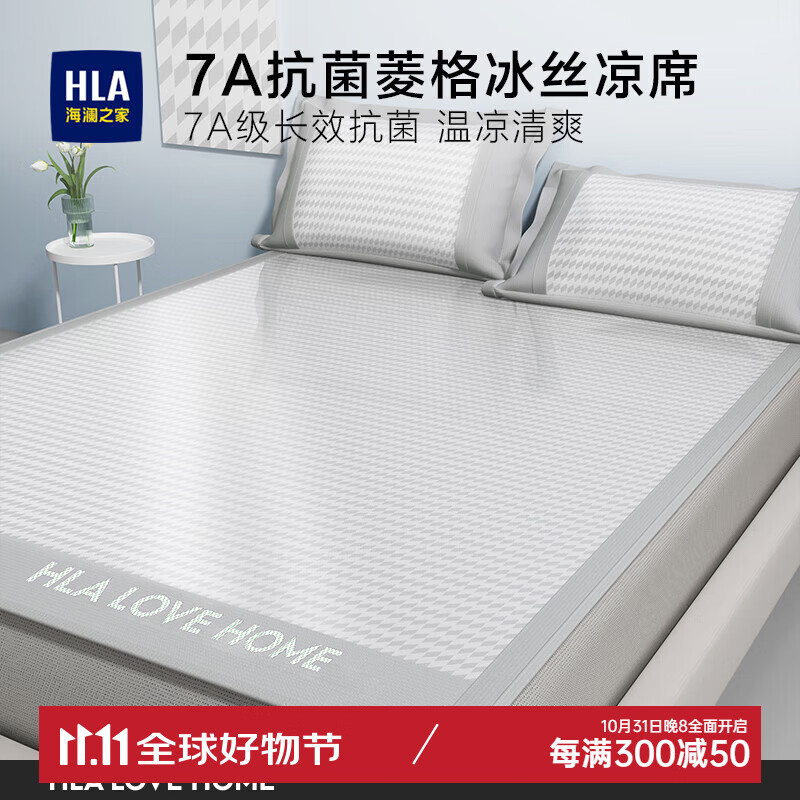 HLA 海澜之家 A类冰丝席抗菌防螨凉席 抗菌菱格-灰色 床笠款150 144元（需买2