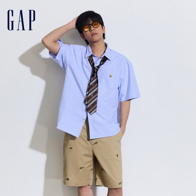 Gap 盖璞 男士纯棉小熊刺绣翻领短袖衬衫 890877 蓝色 L 215.67元（需买3件，共64