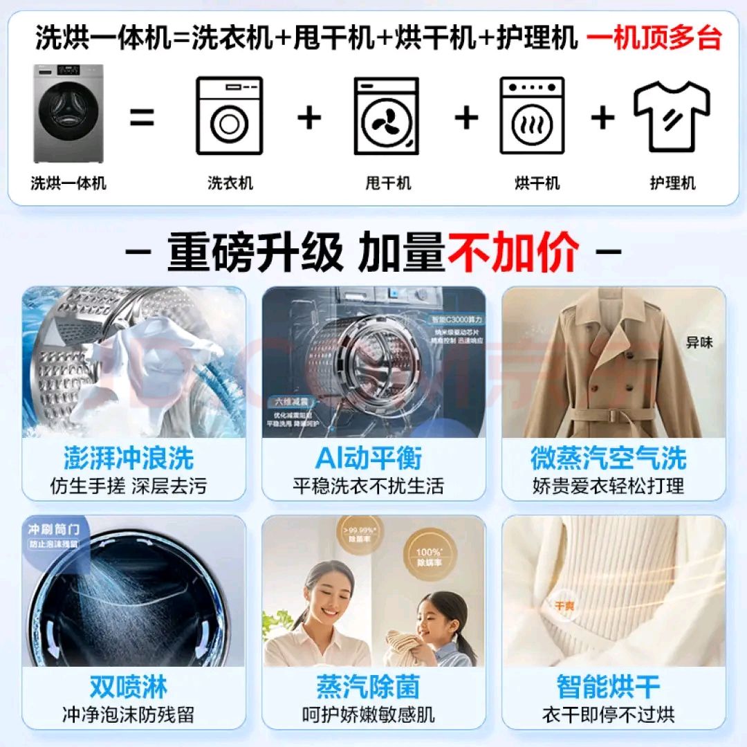 海尔 Haier 超薄滚筒10公斤洗烘一体洗衣机全自动H607H洗烘一体洗衣机 1898元（