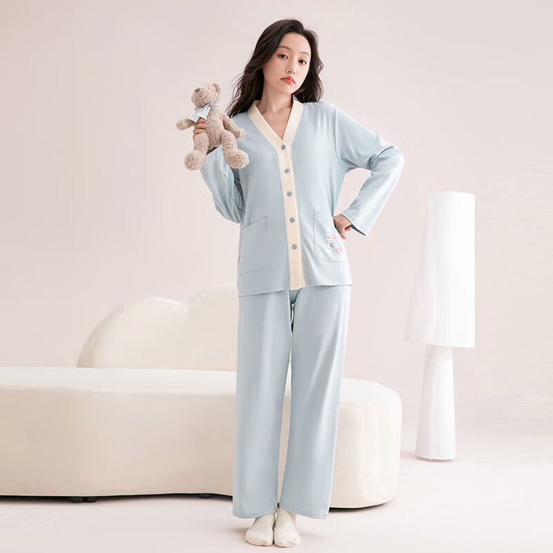 芬腾 睡衣女100%纯棉撞色V领小熊家居服套装 78.9元