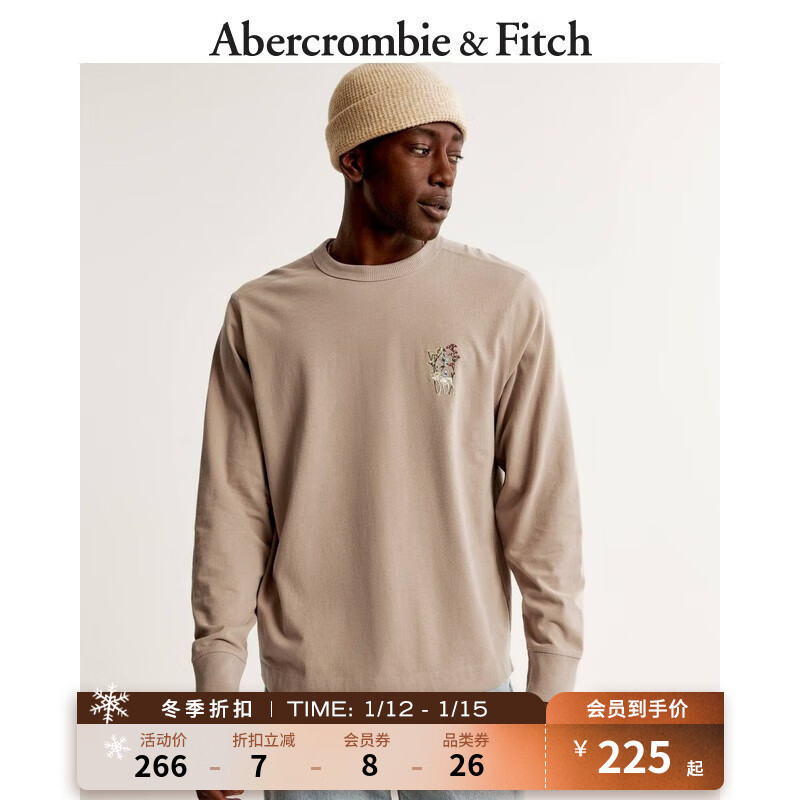 Abercrombie & Fitch 男装 美式复古宽松运动纯色圆领长袖T恤330679-1 浅棕色 258.02
