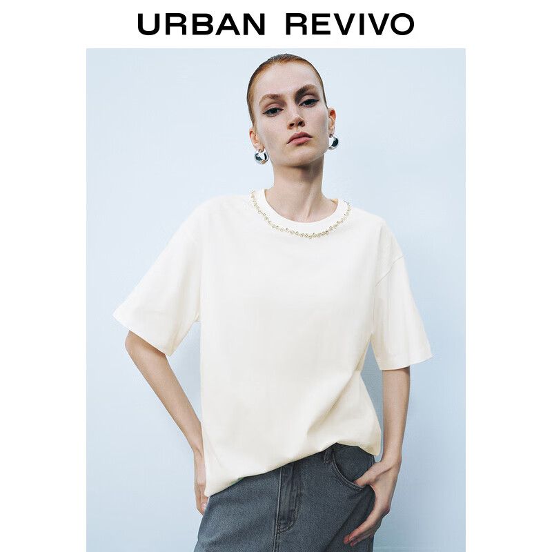 URBAN REVIVO UR2024秋季女装设计感钉珠装饰圆领宽松短袖T恤UWG440159 本白 S 179元