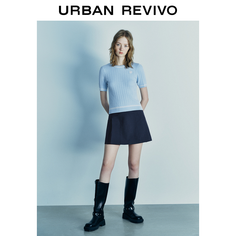 URBAN REVIVO UR2024夏季新款女撞色刺绣绞花肌理感修身短袖针织T恤UWU940088 179元