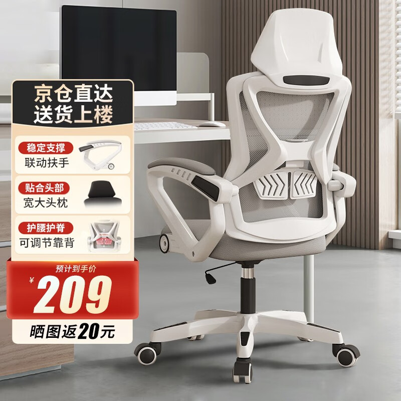 全品屋 人体工学电脑椅 白框灰网+头枕 194元