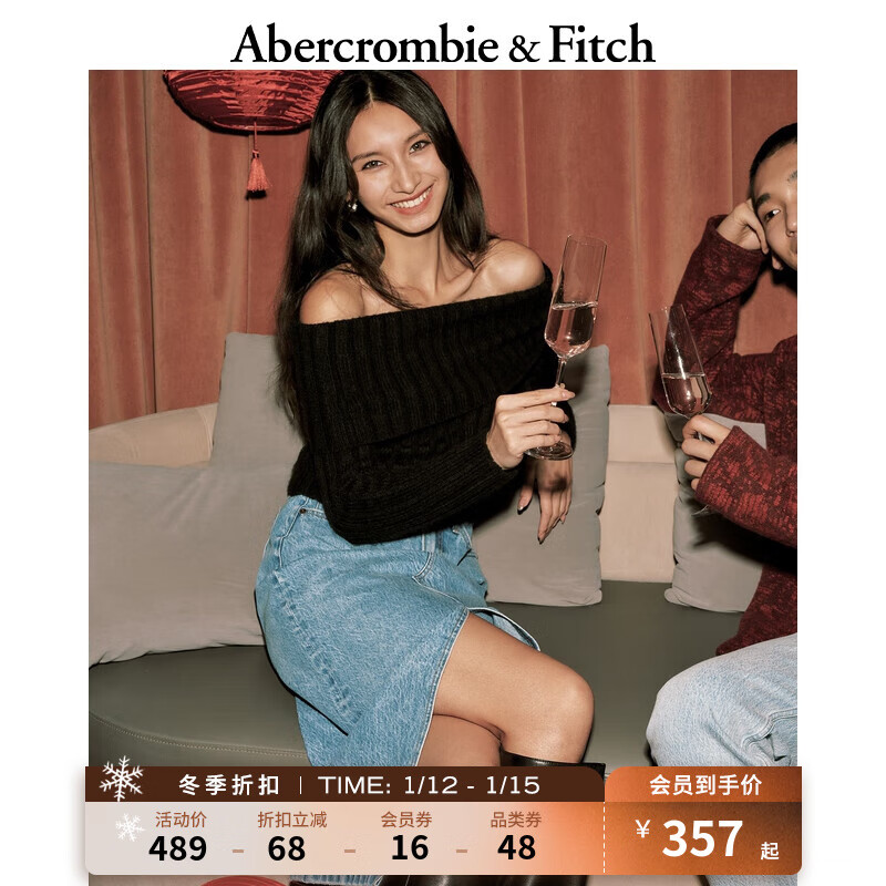 Abercrombie & Fitch 女装 辣妹露肩针织红色毛衣新年秋冬上衣 355283-1 黑色 XXS (160