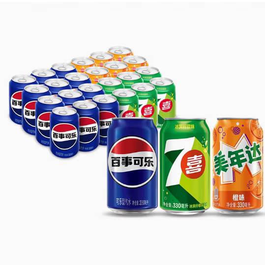 百事可乐 330ml*24罐*6罐 碳酸饮料混合装 美年达七喜汽水 易拉罐 随机混合口