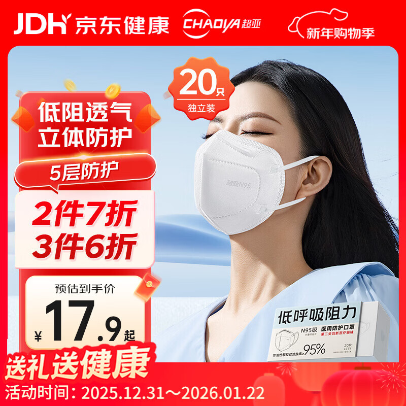 超亚医药 超亚 低呼吸阻力医用一次性防护口罩n95级防细菌飞沫雾霾防沙尘