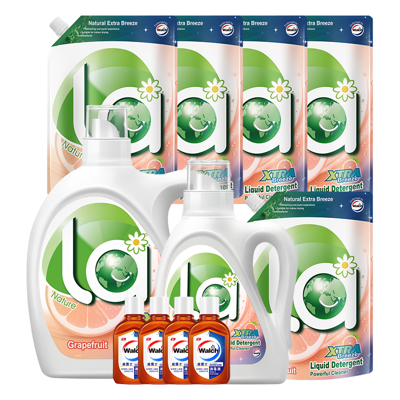 威露士 la自然清新洗衣液 2.25L*1瓶+1L*1瓶+1L*5袋+60ml*4 西柚香 74.41元
