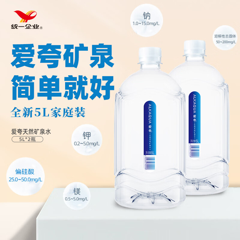 统一 ALKAQUA 爱夸 饮用天然矿泉水5L*2瓶/箱 整箱需下单7件 17.11元（需买5件，