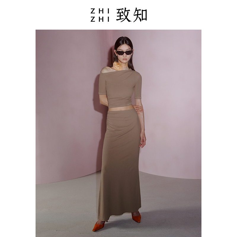 ZHIZHI 致知 落花时 美式短袖T恤女2024夏季新款斜肩收腰凉爽白色 292元