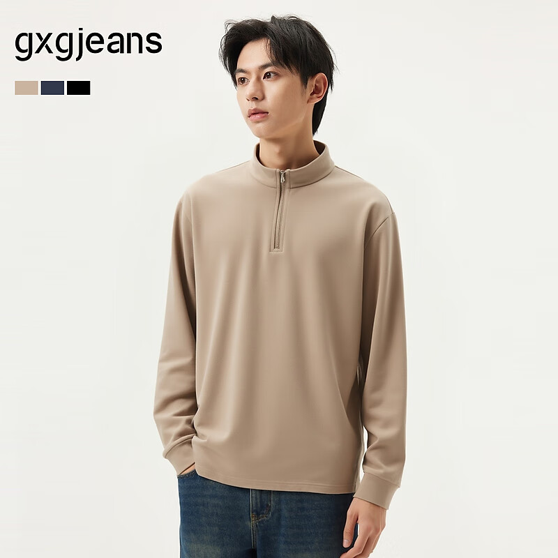 gxgjeans gxg.jeans男装 多色基础打底宽松半开襟长袖T恤男士 25年秋新品 浅卡其 