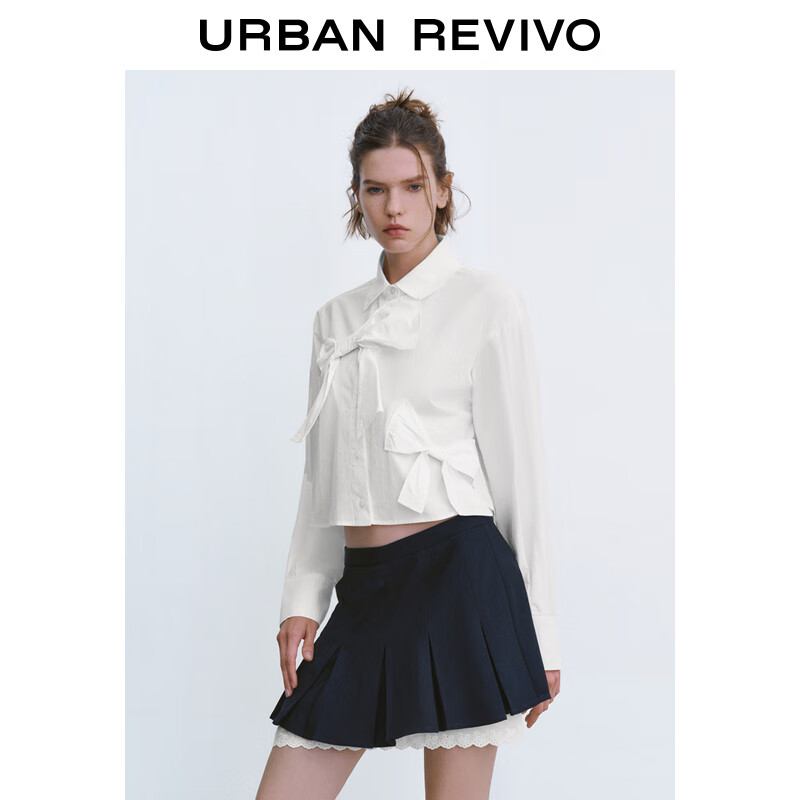 URBAN REVIVO UR2024秋季女时尚蝴蝶结装饰短款长袖开襟衬衫UYU240005 本白 XS 349元