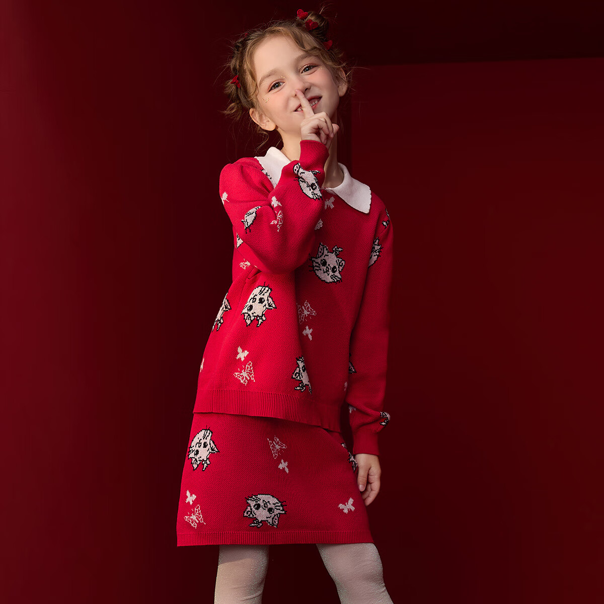 Disney 迪士尼 童装女童新年红色提花国风长袖套装冬新款时尚洋气过年拜年