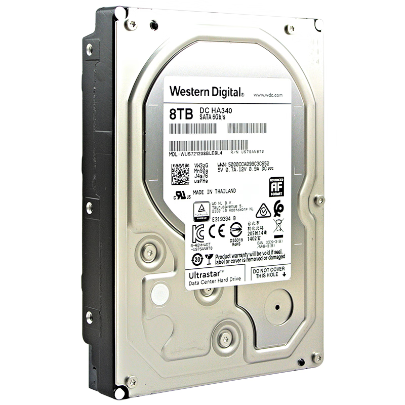 西部数据 WD）8TB 企业级机械硬盘DC HA340 SATA 7200转256MB CMR垂直 3.5英寸WUS721208BL